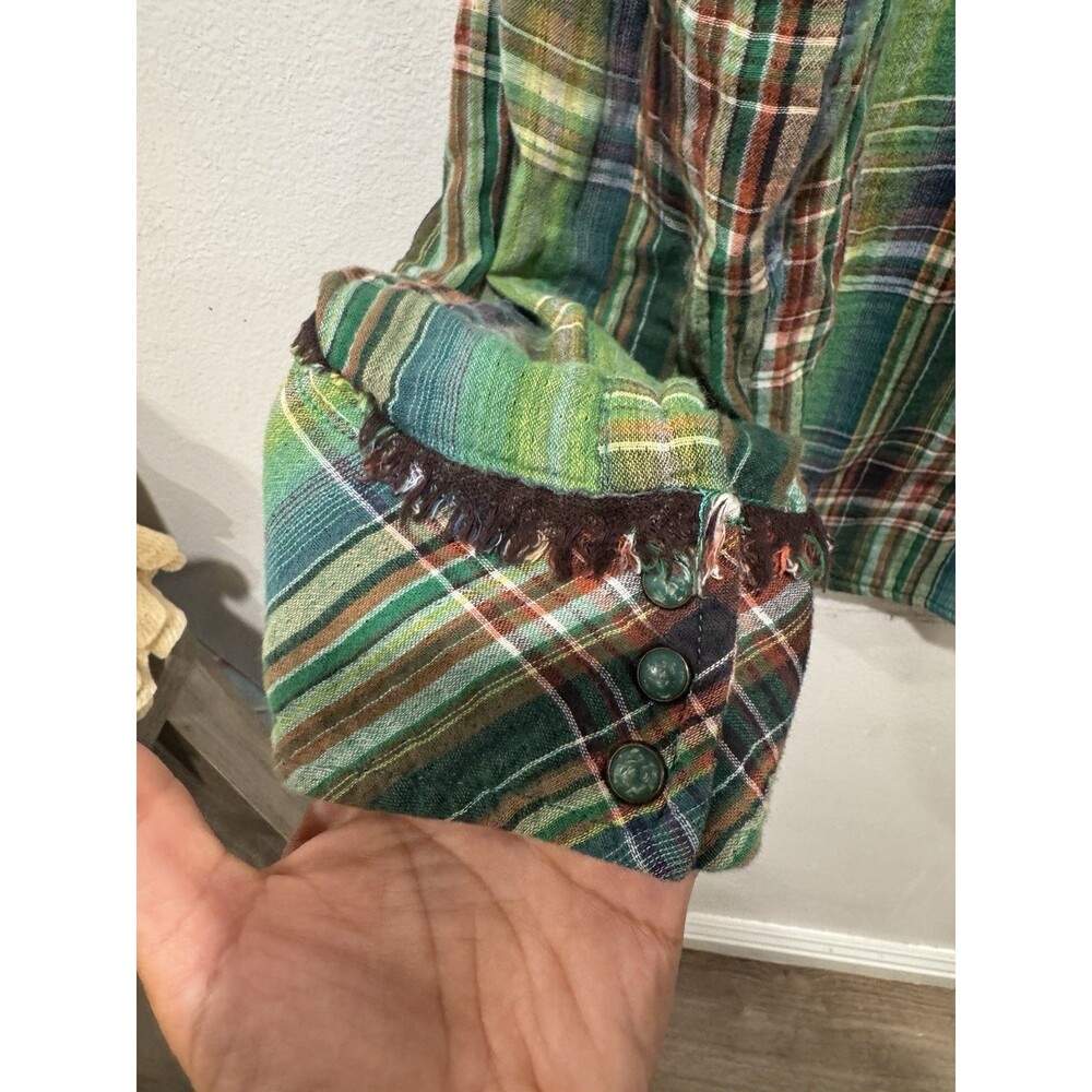 Diesel Green Plaid Western Snap Shirt size M men cowboy cotton fringe seams vtg - Picture 8 of 9